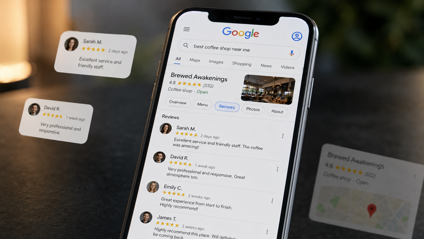 Reseñas y calificaciones de Google en un teléfono
