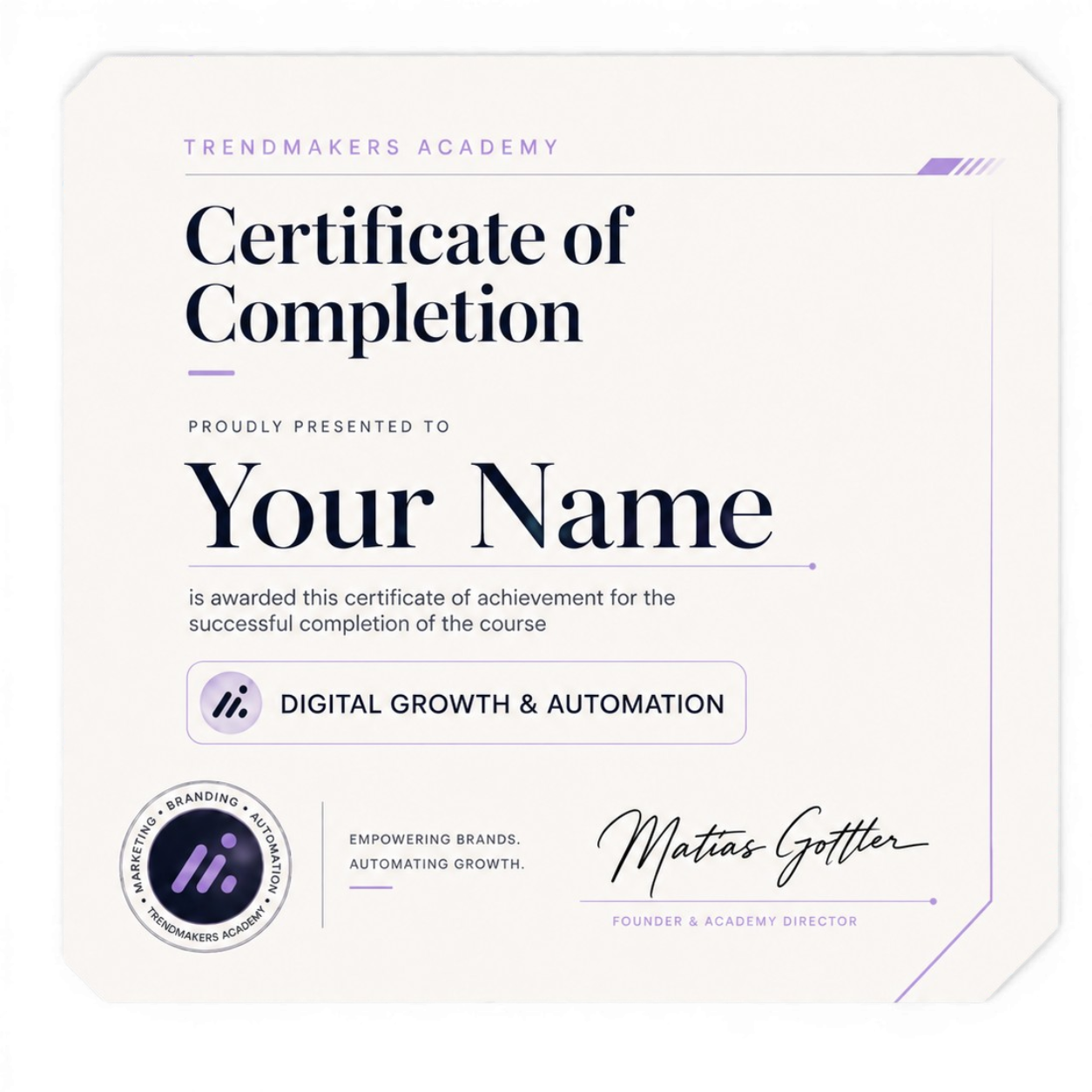Diploma de certificaci&oacute;n de TrendMakers Academy